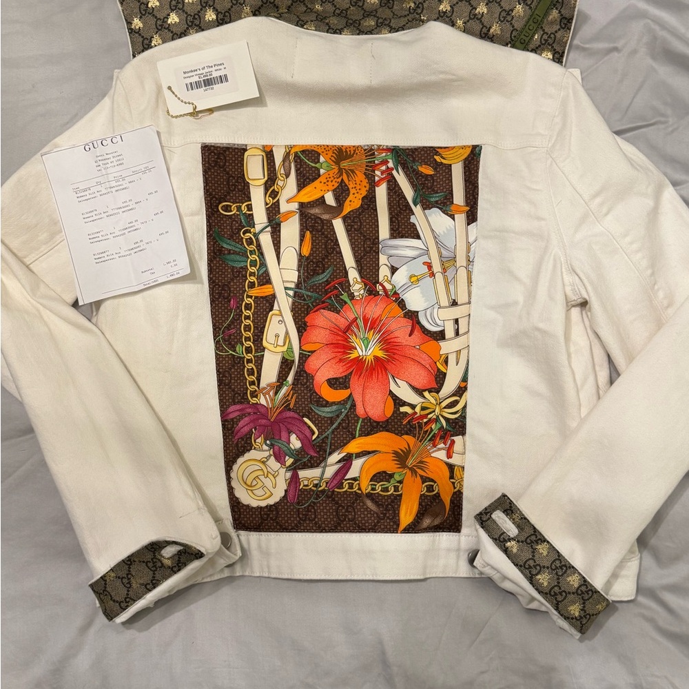 Gucci White Jean Jacket with Vibrant Floral Design